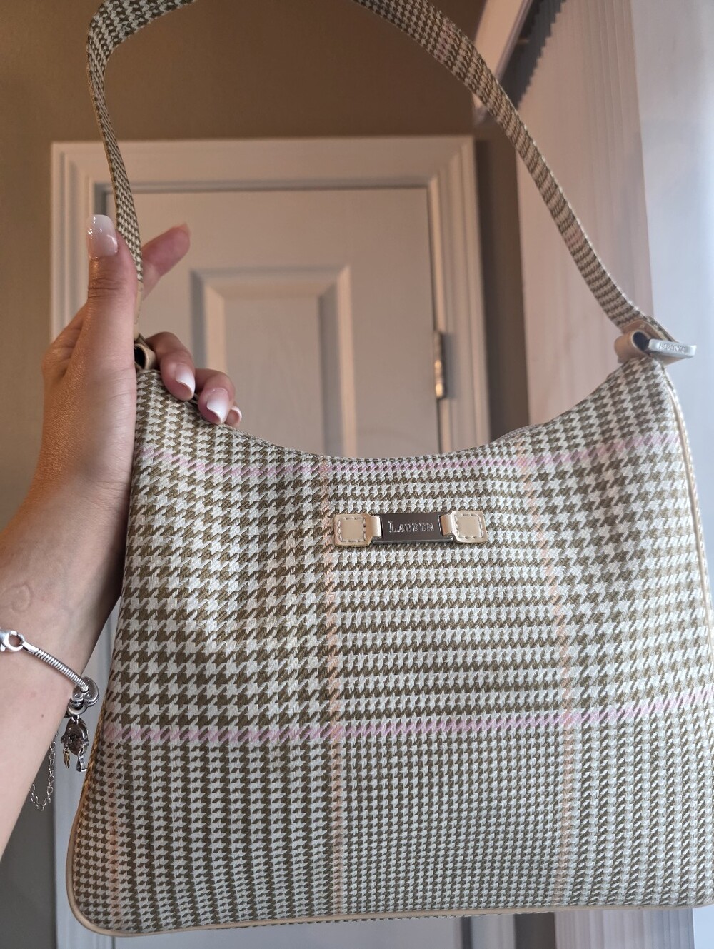 Lauren Ralph Lauren Vintage Houndstooth Plaid Hobo Bag Pink